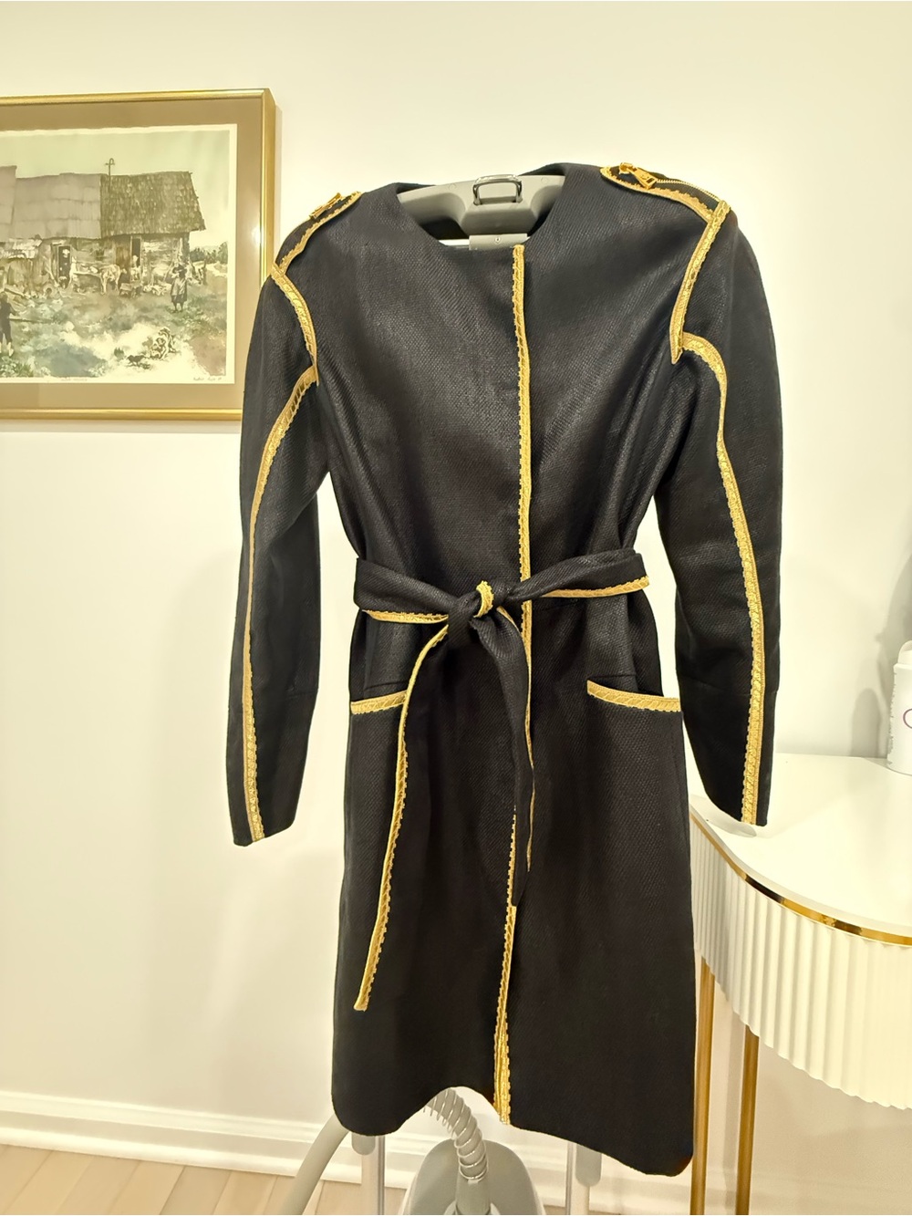 Roberto Cavalli Black Coat with Gold Trim Belted Women's Coat